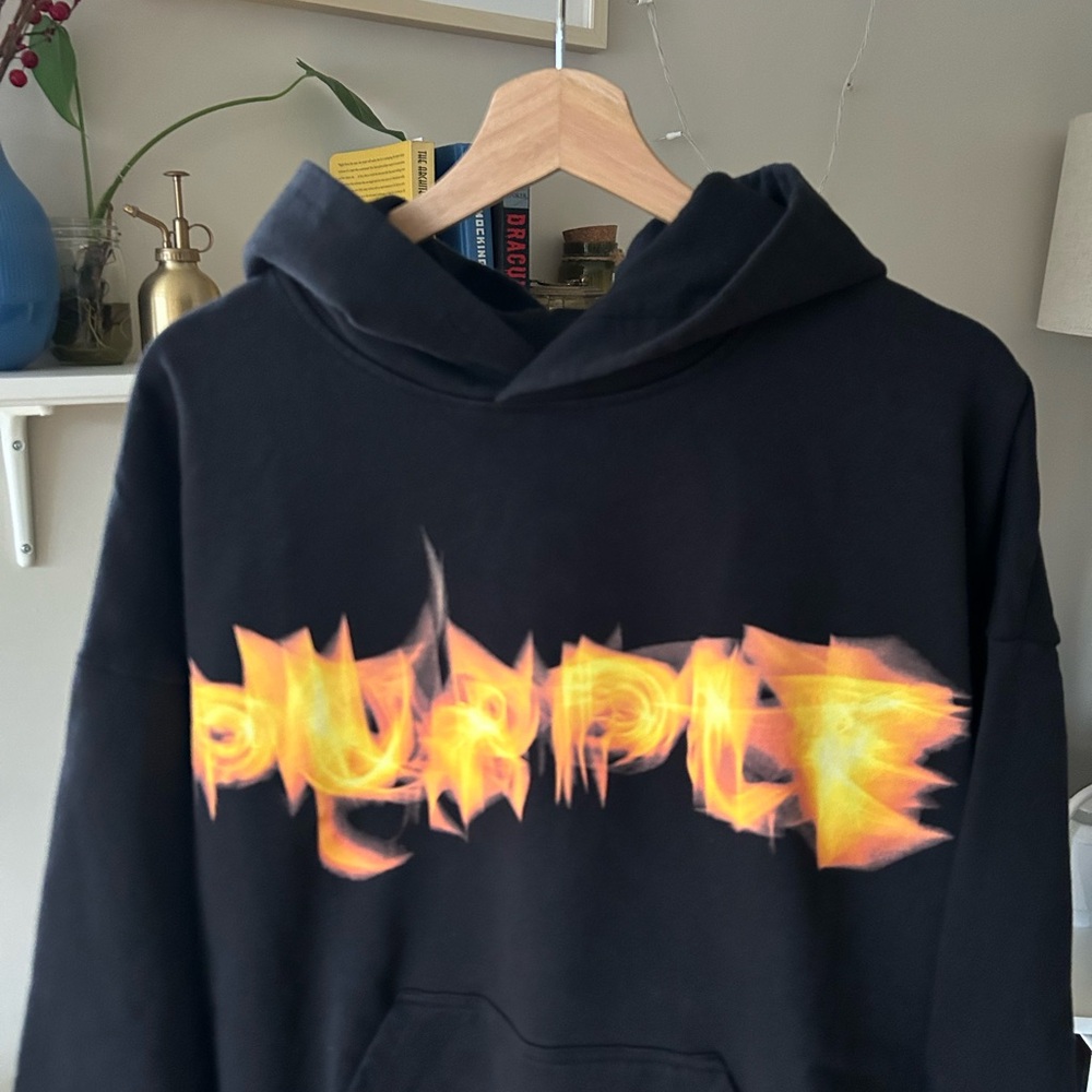 Purple Brand Black Hoodie with a Flame Spelling Graphic - Picture 3 of 7
